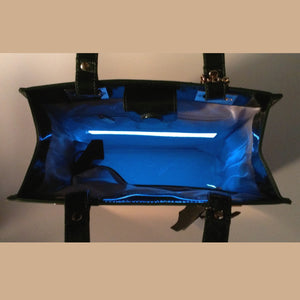 Glass Handbag Jewel Patent Shoulder Bag in Sapphire Blue with interior lighting system
