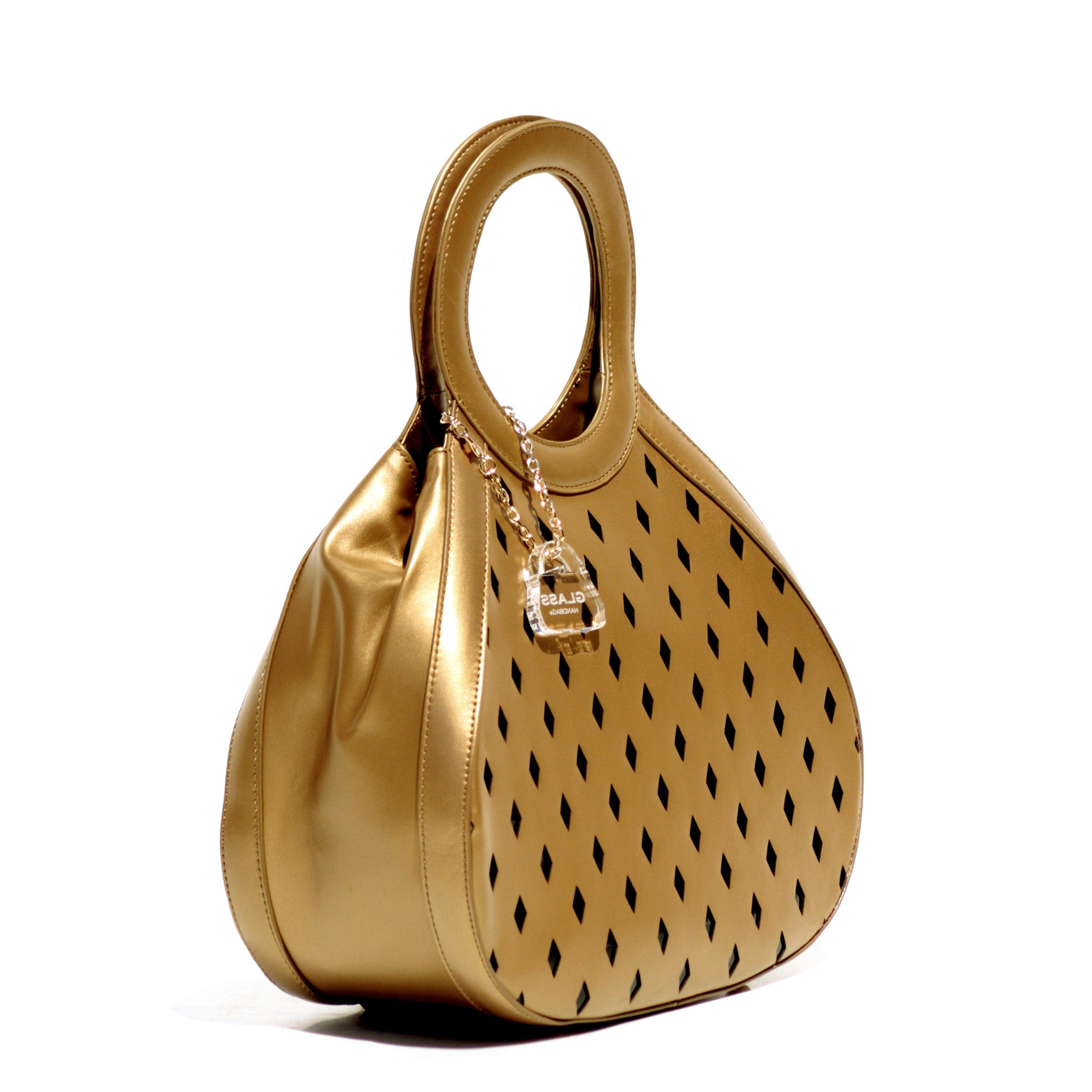 Glass Handbag Teardrop Satchel in Gold napa leather plus gift with purchase with Rave evening clutch in silver